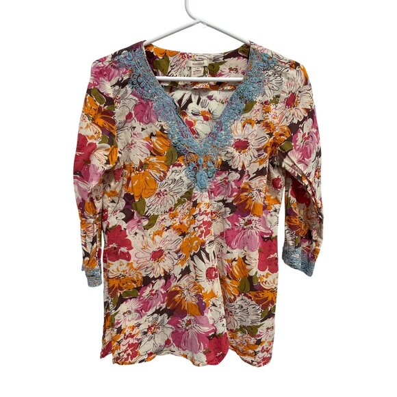 Sundance Tops - Sundance Top Size Small Petite Floral Embroidered V Neck 3/4 Sleeve Multicolor